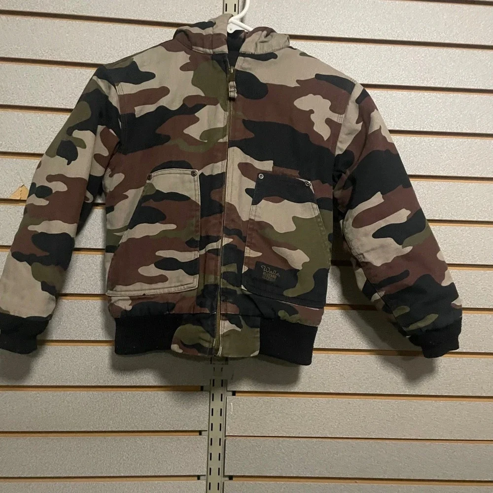 Walls Blizzard Pruf Kids Camo Hooded Bomber Jacket Insulated Work Coat Size 8/10